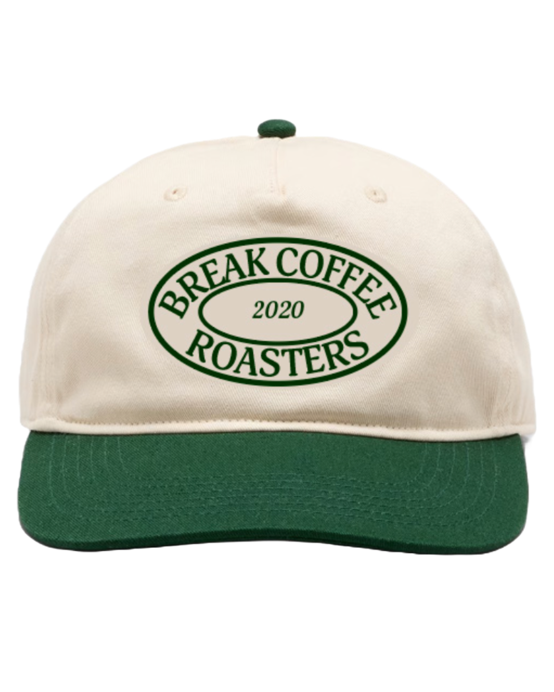 Beige and green cap with 'Break Coffee Roasters 2020' logo on a white background