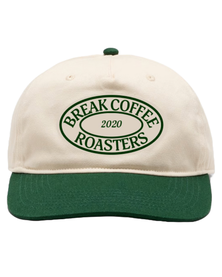 Beige and green cap with 'Break Coffee Roasters 2020' logo on a white background
