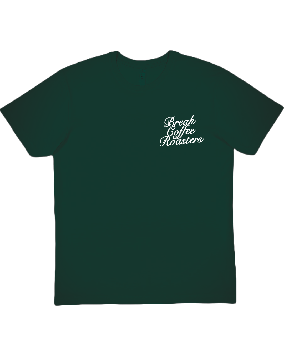Dark green t-shirt with white text on a white background