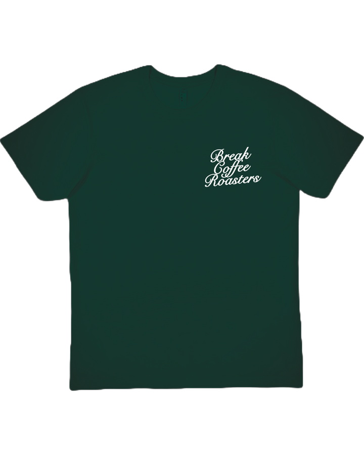 Dark green t-shirt with white text on a white background