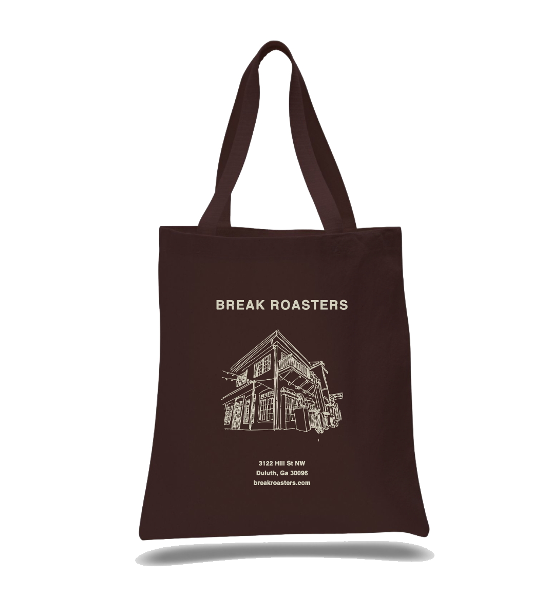Brown tote bag with 'Break Roasters' logo and text on a white background