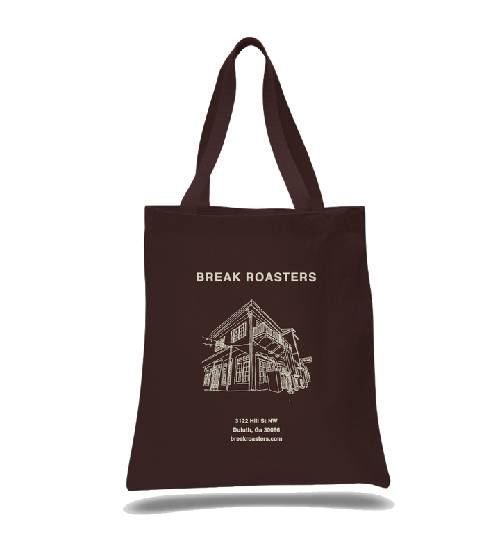 Brown tote bag with 'Break Roasters' logo and text on a white background