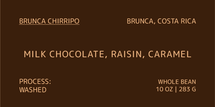 Label for Brunca Chirripo milk chocolate with raisin and caramel flavor on a brown background.