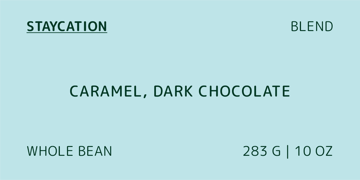 Product image for Staycation Blend coffee featuring caramel and dark chocolate flavors, indicating whole bean coffee and 283g weight.