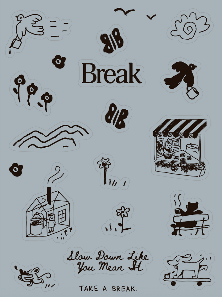 Illustrations of various scenes with text on a light gray background